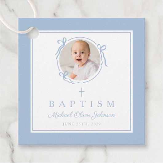 Modern Blue Boy Baptism Photo Bedankjes Labels (Voorkant)