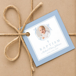 Modern Blue Boy Baptism Photo Bedankjes Labels