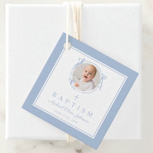 Modern Blue Boy Baptism Photo Bedankjes Labels