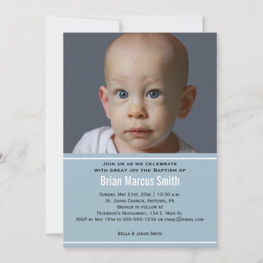 Modern Blue Boy Baptism Photo Invitation Kaart (Voorkant)