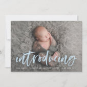 Modern Blue Brush Script Introduction Photo Birth Aankondiging (Voorkant)