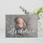 Modern Blue Brush Script Introduction Photo Birth Aankondiging (Staand voorkant)