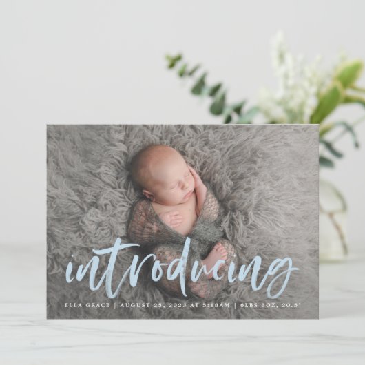 Modern Blue Brush Script Introduction Photo Birth Aankondiging (Staand voorkant)