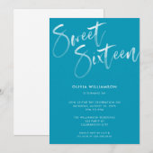 Modern Blue Brush Script Sweet 16 Birthday Kaart (Voorkant / Achterkant)