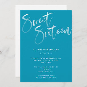 Modern Blue Brush Script Sweet 16 Birthday Kaart