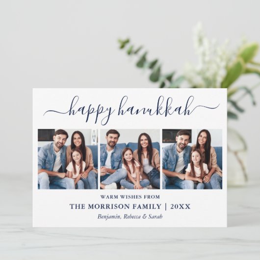 Modern Blue Calligraphy Script Hanukkah 3 Foto Feestdagenkaart (Staand voorkant)