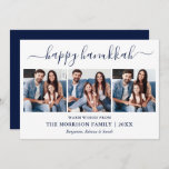 Modern Blue Calligraphy Script Hanukkah 3 Foto Feestdagenkaart<br><div class="desc">Modern Trendy Calligraphy Script 3 Foto Familie Collage Happy Hanukkah Kaart - Navy Blue</div>