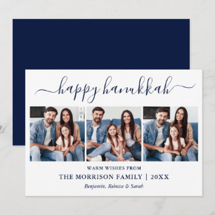Modern Blue Calligraphy Script Hanukkah 3 Foto Feestdagenkaart