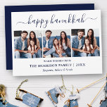 Modern Blue Calligraphy Script Hanukkah 3 Foto Feestdagenkaart<br><div class="desc">Modern Trendy Calligraphy Script 3 Foto Familie Collage Happy Hanukkah Kaart - Navy Blue</div>