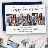 Modern Blue Calligraphy Script Hanukkah 3 Foto Feestdagenkaart