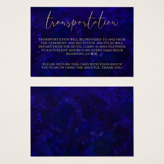 Modern Blue Calligraphy Wedding Transportation Visitekaartje (Voorkant /achterkant)