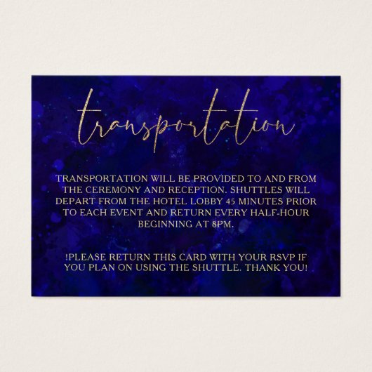 Modern Blue Calligraphy Wedding Transportation Visitekaartje (Voorkant)