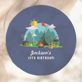 Modern Blue Camping Birthday Party Papieren Bordje