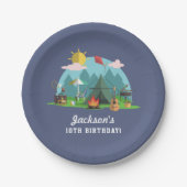 Modern Blue Camping Birthday Party Papieren Bordje (Voorkant)
