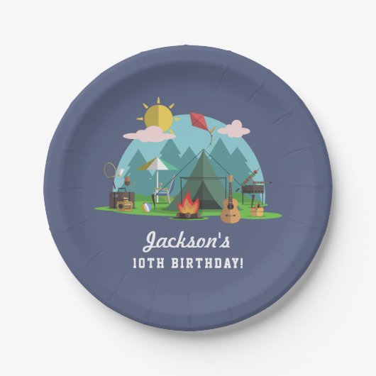Modern Blue Camping Birthday Party Papieren Bordje (Voorkant)