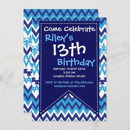 Modern Blue Chevron Birthday Party Kaart (Voorkant / Achterkant)