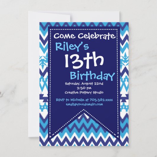 Modern Blue Chevron Birthday Party Kaart (Voorkant)