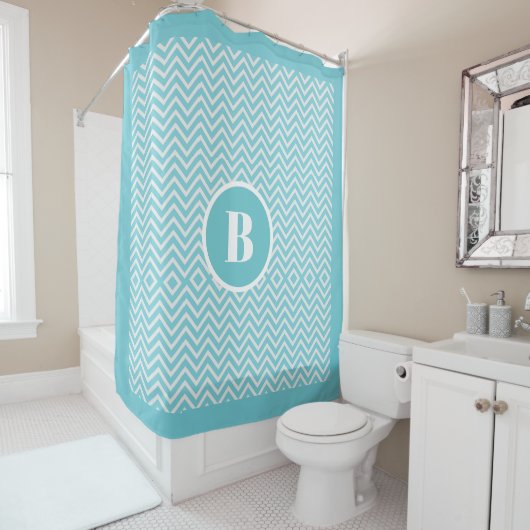 Modern Blue Chevron Monogram Baby Nursery Bath Douchegordijn (In situ)