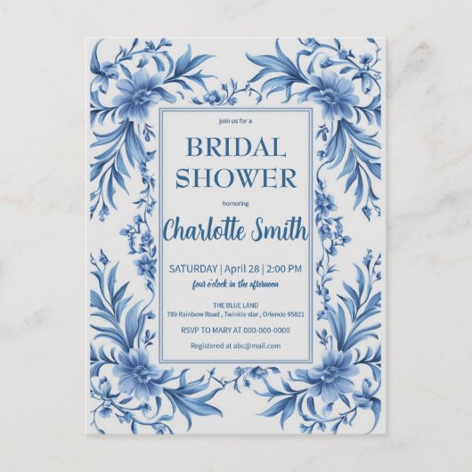 Modern Blue Chinoiserie Floral vrijgezellenfeest Briefkaart (Voorkant)