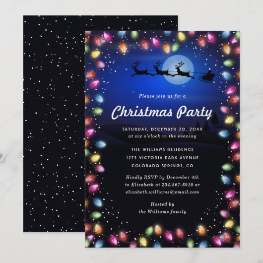Modern Blue Christmas Lights Party Kaart (Voorkant / Achterkant)