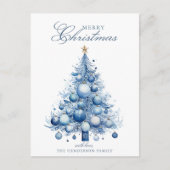 Modern Blue Christmas Tree Waterverf Custom Name Feestdagenkaart (Voorkant)