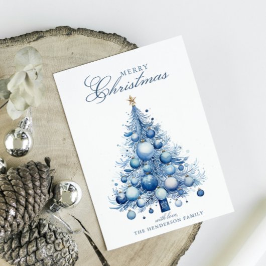 Modern Blue Christmas Tree Waterverf Custom Name Feestdagenkaart