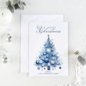Modern Blue Christmas Tree Waterverf Custom Name Feestdagenkaart