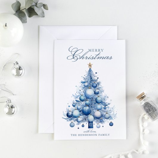 Modern Blue Christmas Tree Waterverf Custom Name Feestdagenkaart