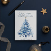 Modern Blue Christmas Tree Waterverf Custom Name Feestdagenkaart