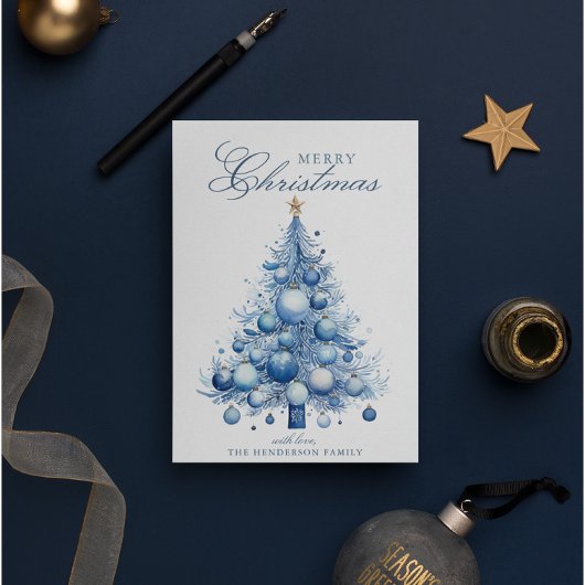 Modern Blue Christmas Tree Waterverf Custom Name Feestdagenkaart