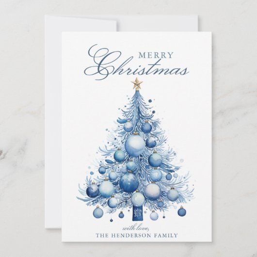 Modern Blue Christmas Tree Waterverf Custom Name Feestdagenkaart (Voorkant)