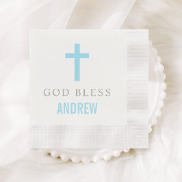 Modern Blue Cross God Bless Baby Boy Baptisme Servetten