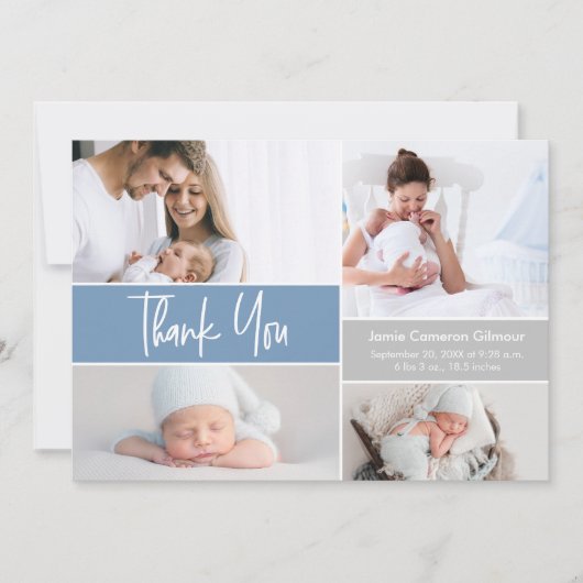 Modern Blue Custom Photo Collage Baby Boy Shower Bedankkaart (Voorkant)