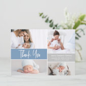 Modern Blue Custom Photo Collage Baby Boy Shower Bedankkaart (Staand voorkant)