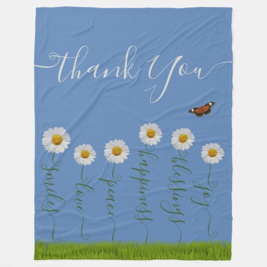 Modern Blue Daisy Floral Dank je wel Typografie Fleece Deken (Voorkant)