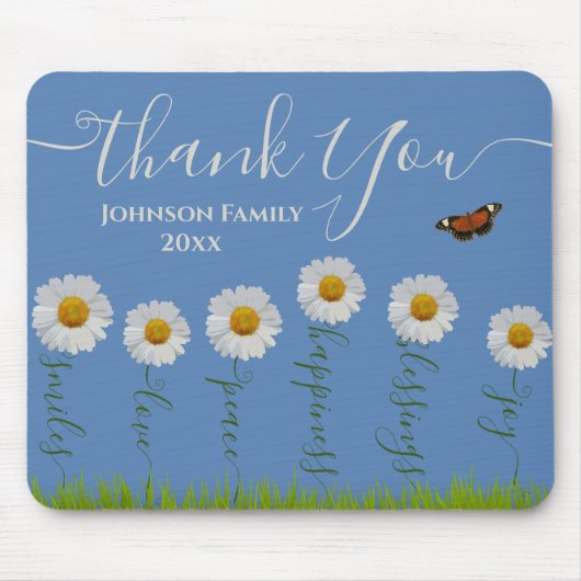 Modern Blue Daisy Floral Dank je wel Typografie Muismat (Voorkant)