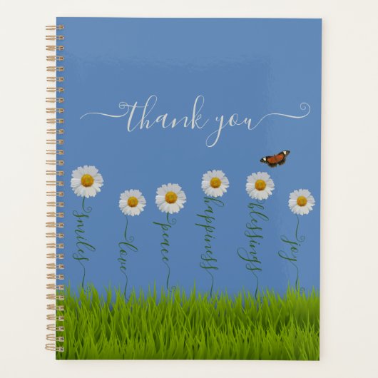 Modern Blue Daisy Floral Dank je wel Typografie Planner (Voorkant)
