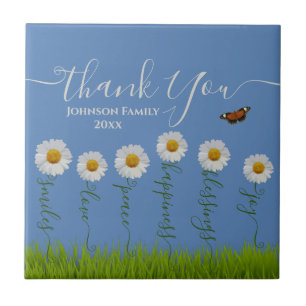 Modern Blue Daisy Floral Dank je wel Typografie Tegeltje