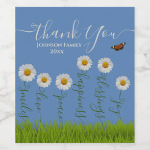 Modern Blue Daisy Floral Dank je wel Typografie Wijn Etiket
