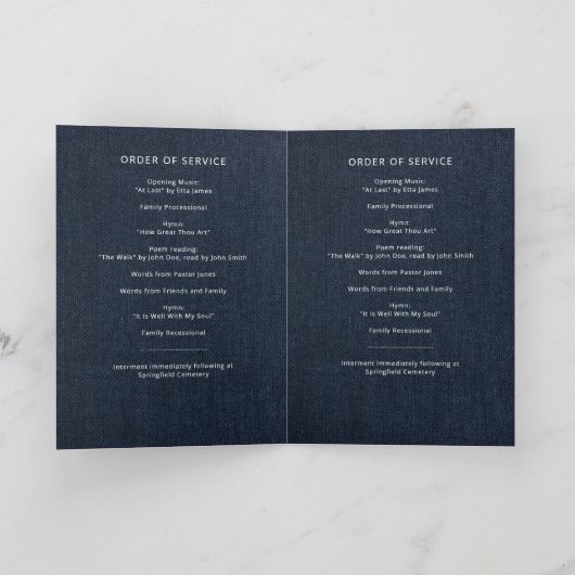Modern Blue Denim in Loving Memory vouwde Funeral Programma (Binnen)