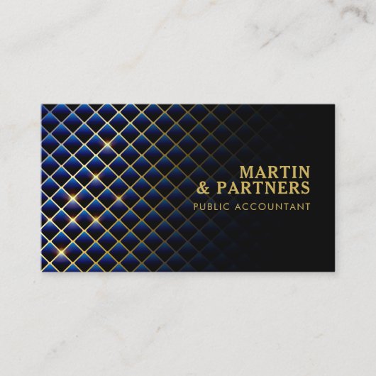 Modern Blue Diamond Pattern Gold Lines | Zwart Visitekaartje (Voorkant)