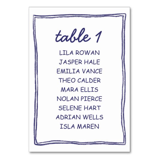 Modern Blue Doodle Wedding Seating Chart Card Kaart (Voorkant)