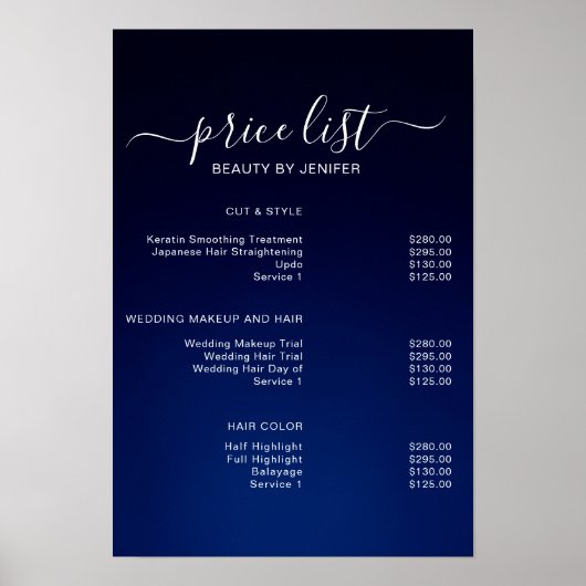 Modern Blue Elegant Beauty salon prijslijst Poster (Voorkant)
