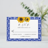 Modern Blue Elegant  Sunflower Wedding RSVP Kaartje (Staand voorkant)