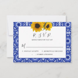 Modern Blue Elegant  Sunflower Wedding RSVP Kaartje