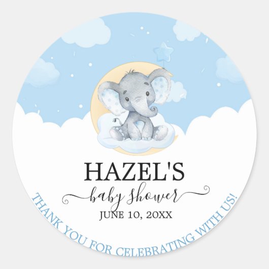 Modern Blue Elephant Boy Baby shower Dank je Ronde Sticker (Voorkant)