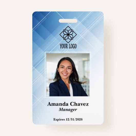 Modern Blue Employee Foto ID Badge (Voorkant)