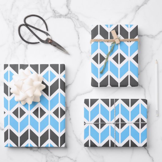 Modern Blue en Dark Grey Herringbone Geometric Inpakpapier Vel (Voorkant)