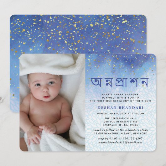 Modern Blue en Gold Annaprashan Kaart (Voorkant / Achterkant)