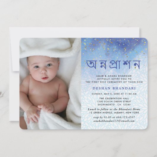 Modern Blue en Gold Annaprashan Kaart (Voorkant)